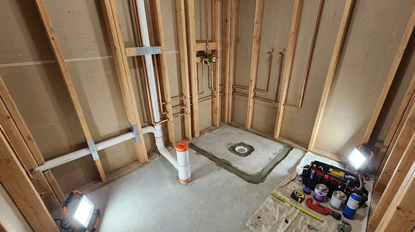 Bathroom rough-in plumbing during remodel by Johns Plumbing LLC in Guilford