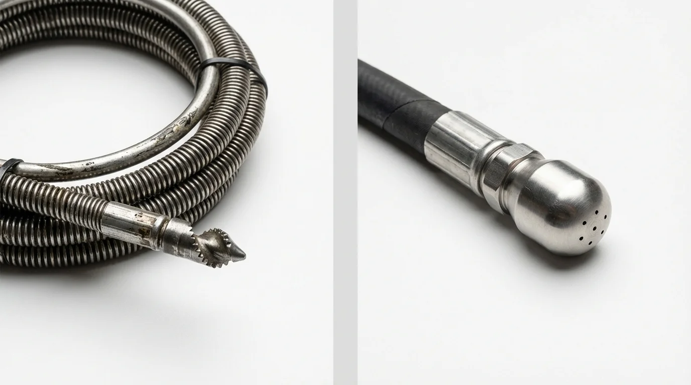 Drain snake cable and hydro jetting nozzle used for drain cleaning in Guilford, CT
