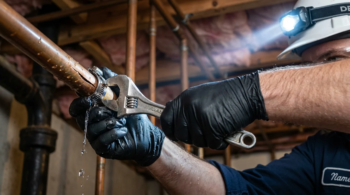 Emergency pipe clamp repair being performed by a Johns Plumbing LLC plumber in Guilford