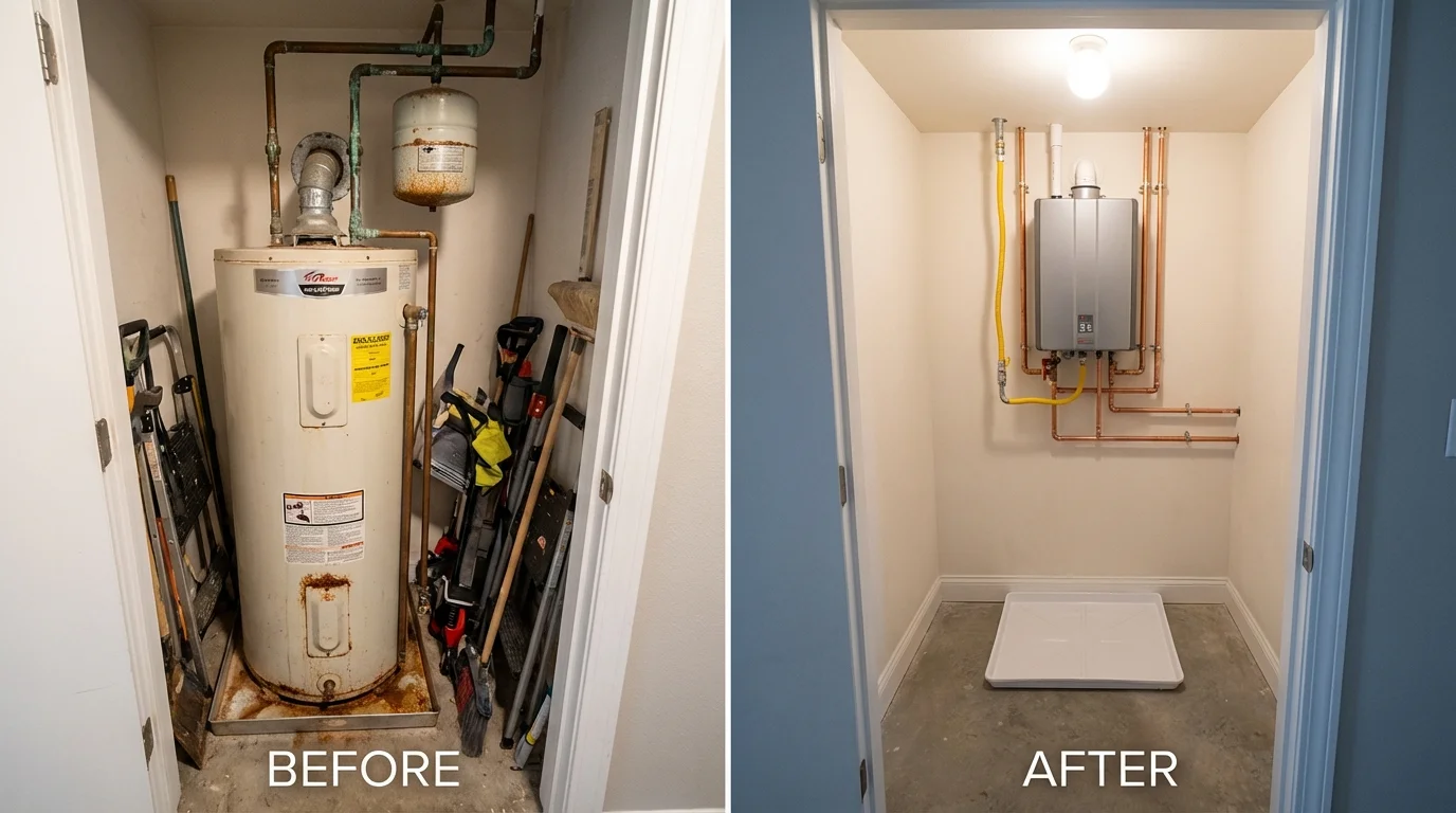 Tank water heater versus wall-mounted tankless unit comparison for Guilford, CT homeowners