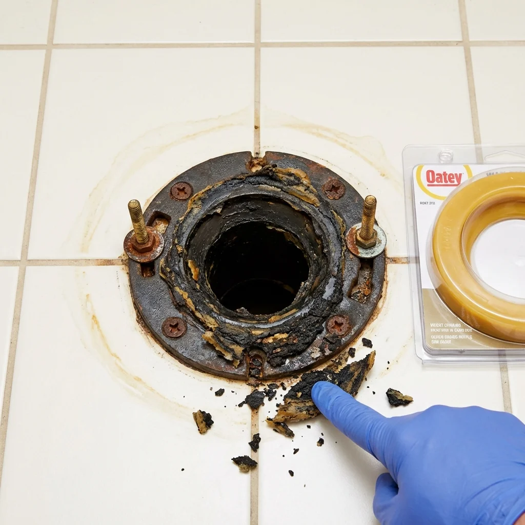 Failed wax ring showing water seepage at the base of a toilet in a Guilford, CT home