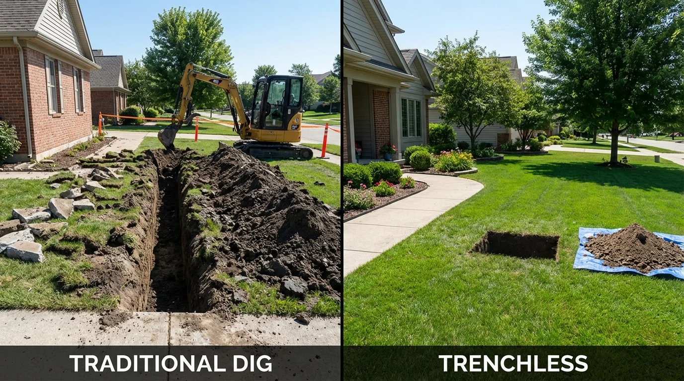 Trenchless sewer repair with minimal yard damage versus traditional excavation in Guilford, CT