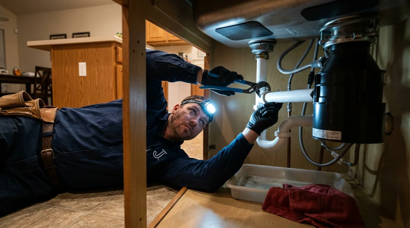 P-trap and supply line connections under a kitchen sink showing a common leak point in Guilford, CT